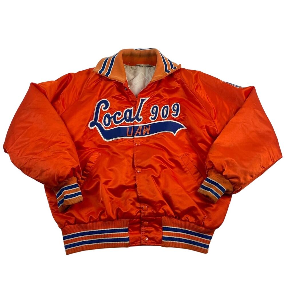 Vintage Warren Michigan Local 909 UAW Union Satin Orange Bomber Work Jacket